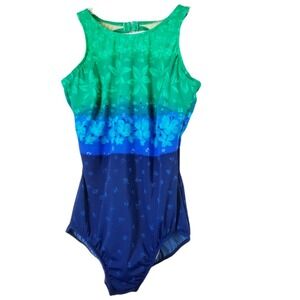 Vintage Lands End One Piece Swimsuit Keyhole Back High Neck Union Made in USA 16